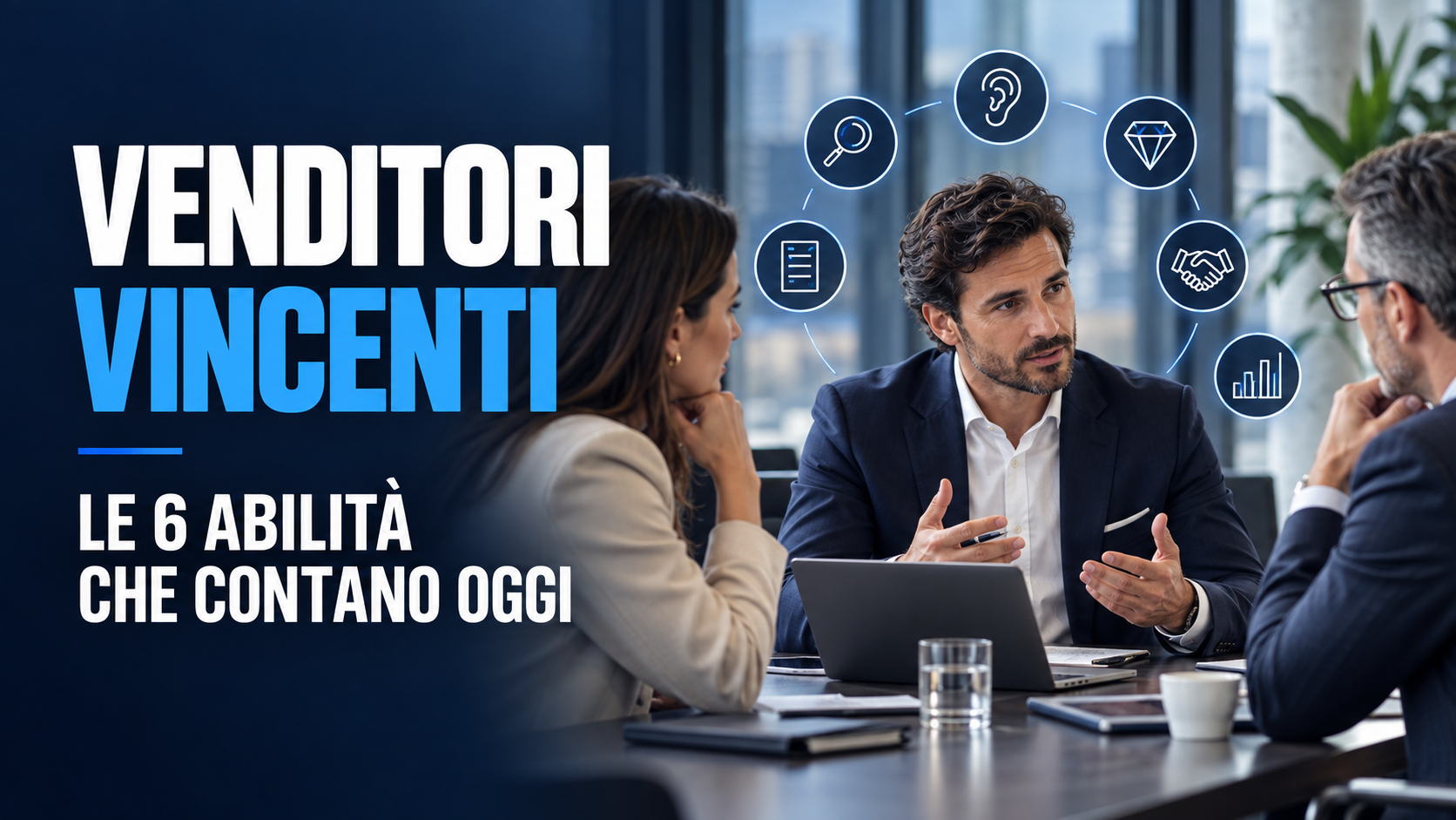 Copertina sui venditori vincenti con tre professionisti in riunione e le sei abilità commerciali fondamentali
