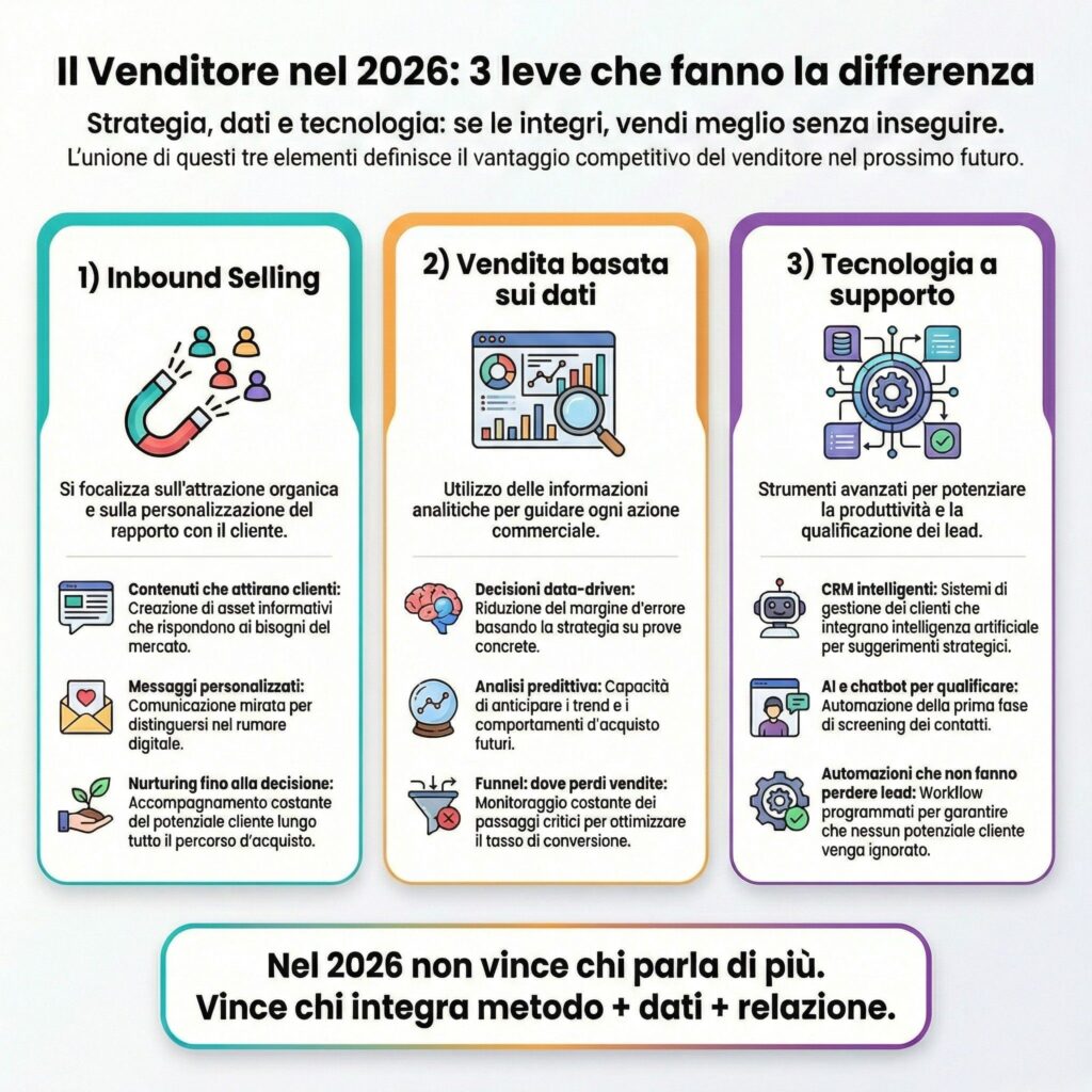 Infografica sul venditore nel 2026 con 3 leve: inbound selling, vendita basata sui dati e tecnologia (CRM, AI e automazione) per aumentare conversioni e qualità dei lead