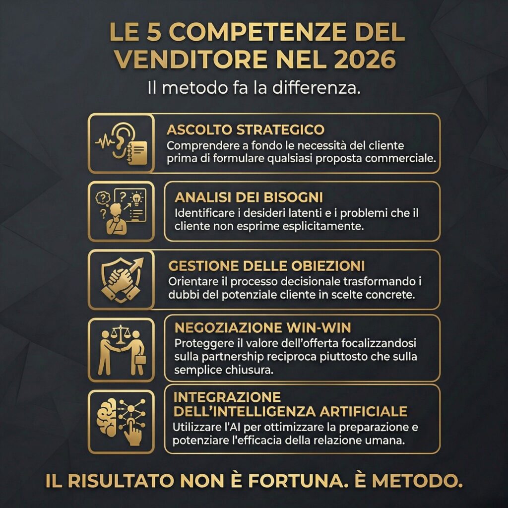 Infografica che mostra le 5 competenze fondamentali del venditore professionista nel 2026: ascolto strategico, analisi dei bisogni, gestione obiezioni, negoziazione win-win e integrazione dell’intelligenza artificiale