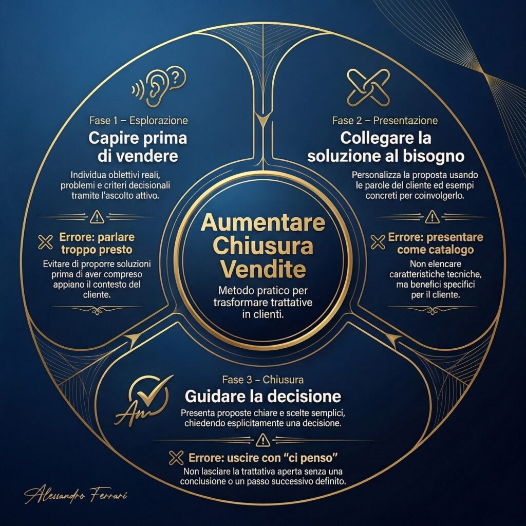 Infografica sulle 3 fasi per aumentare la chiusura vendite: esplorazione, presentazione e chiusura della trattativa commerciale