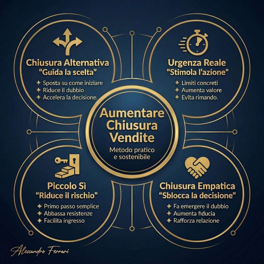 Infografica sulle 4 tecniche per aumentare la chiusura vendite: chiusura alternativa, urgenza reale, piccolo sì e chiusura empatica
