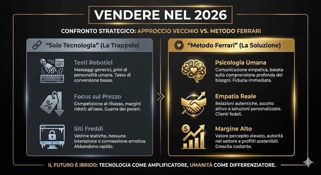Schema strategico che illustra il Metodo Ferrari per vendere online nel 2026: un equilibrio tra 50% Psicologia Umana (Empatia, Negoziazione) e 50% Intelligenza Artificiale (Analisi Dati, Velocità).
