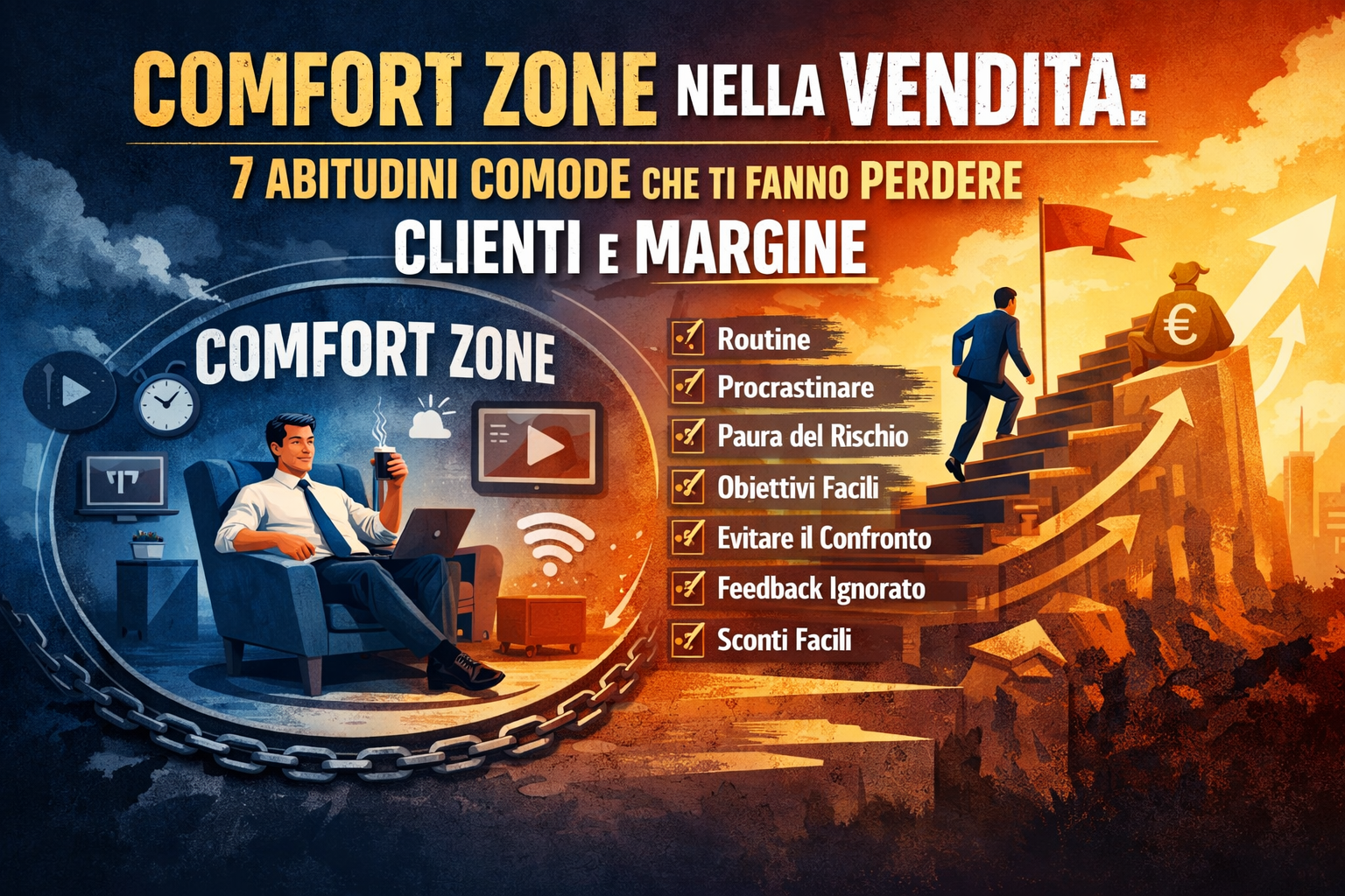Illustrazione sulla comfort zone nella vendita con 7 abitudini comode che fanno perdere clienti e margine