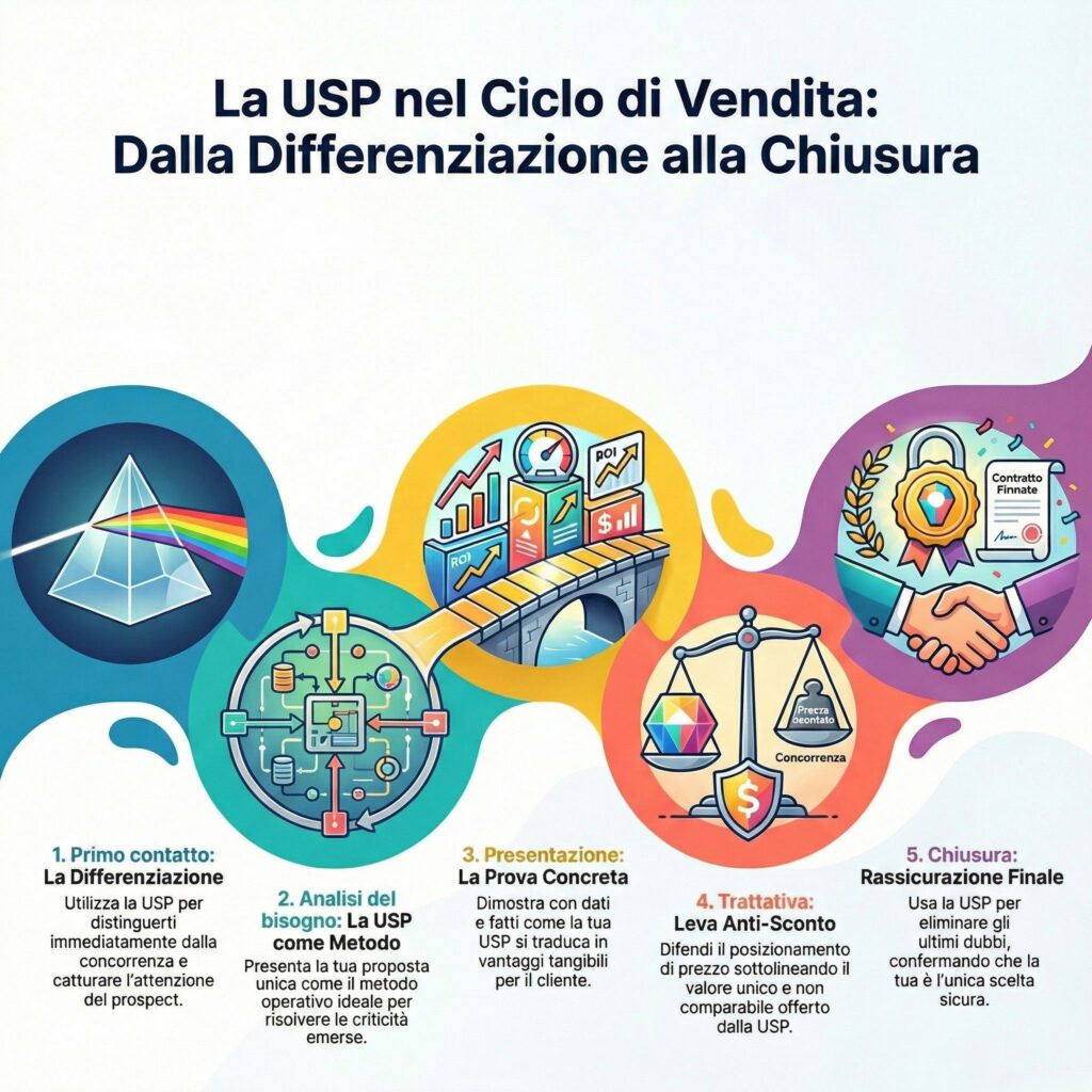 Infografica unique selling proposition: dove inserire la USP nel processo di vendita, dalla differenziazione alla trattativa fino alla chiusura.