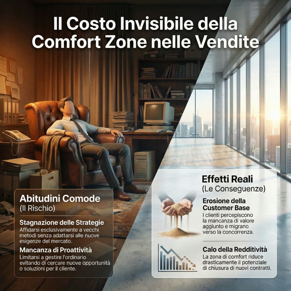 Infografica sul costo invisibile della comfort zone nella vendita: abitudini comode che bloccano le vendite e principali effetti reali su clienti e margine.