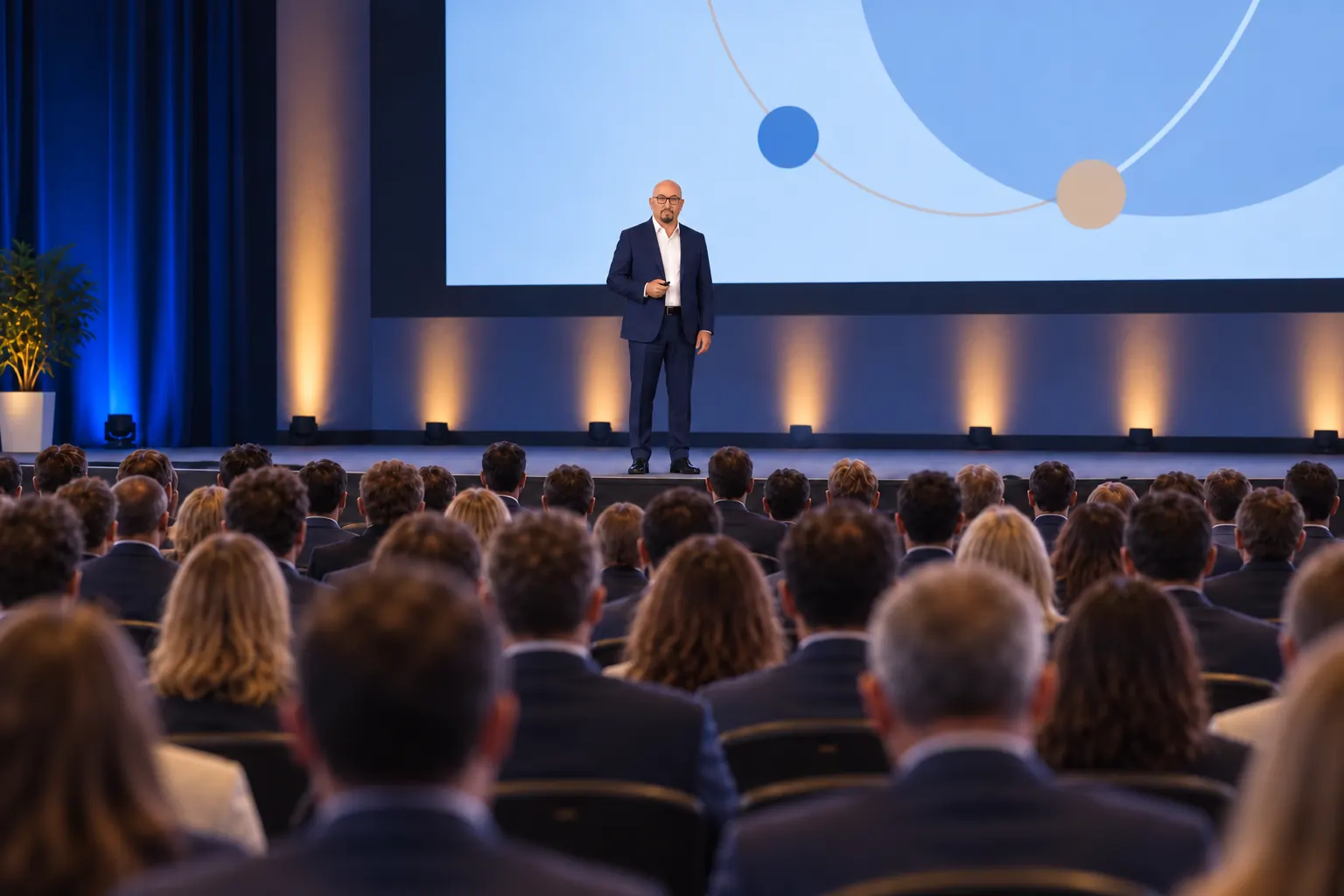 Alessandro Ferrari sul palco durante una conferenza davanti a una platea business