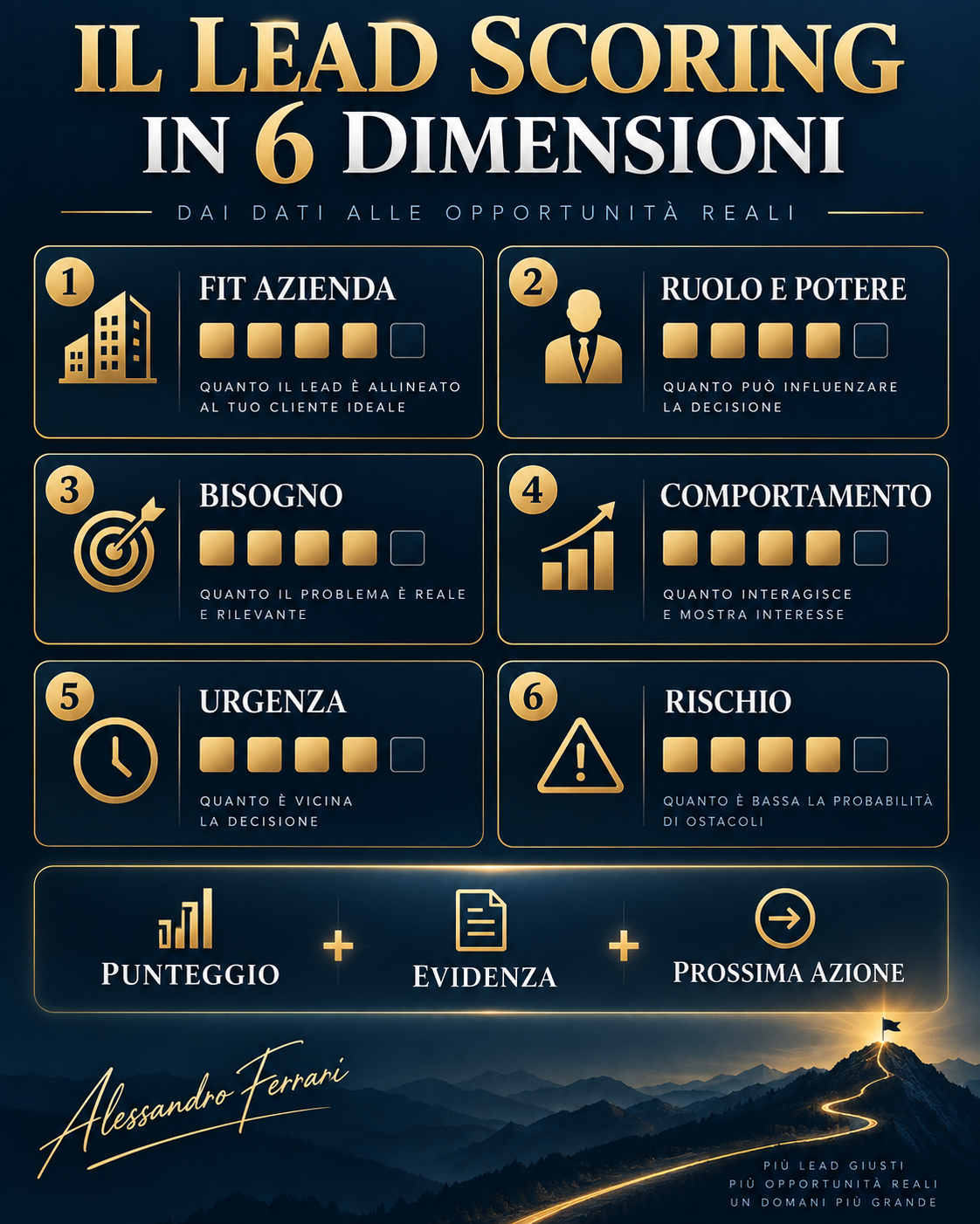 Infografica del lead scoring in sei dimensioni: fit azienda, ruolo e potere, bisogno, comportamento, urgenza e rischio