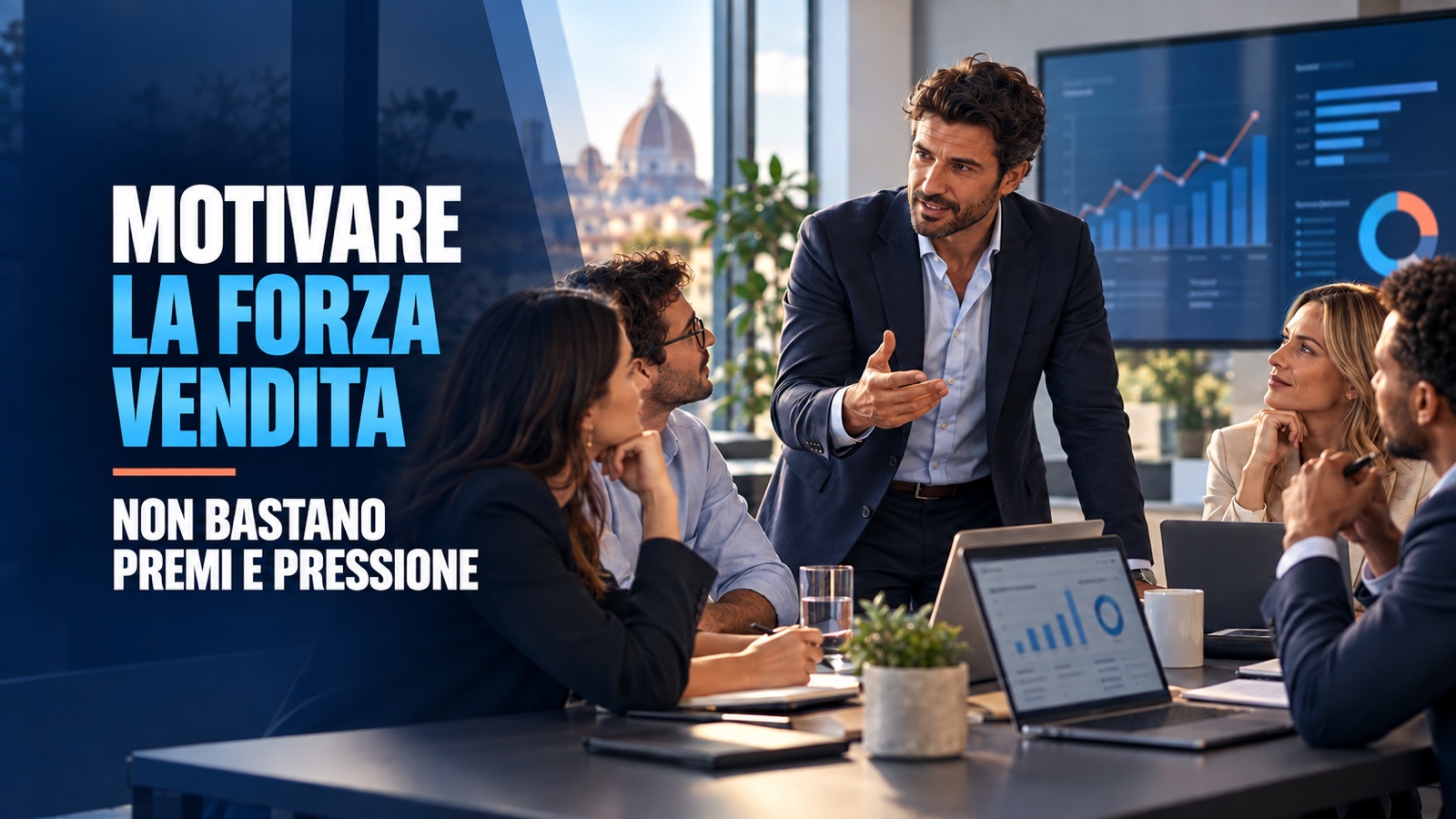 Manager che motiva la forza vendita con obiettivi, coaching e dati