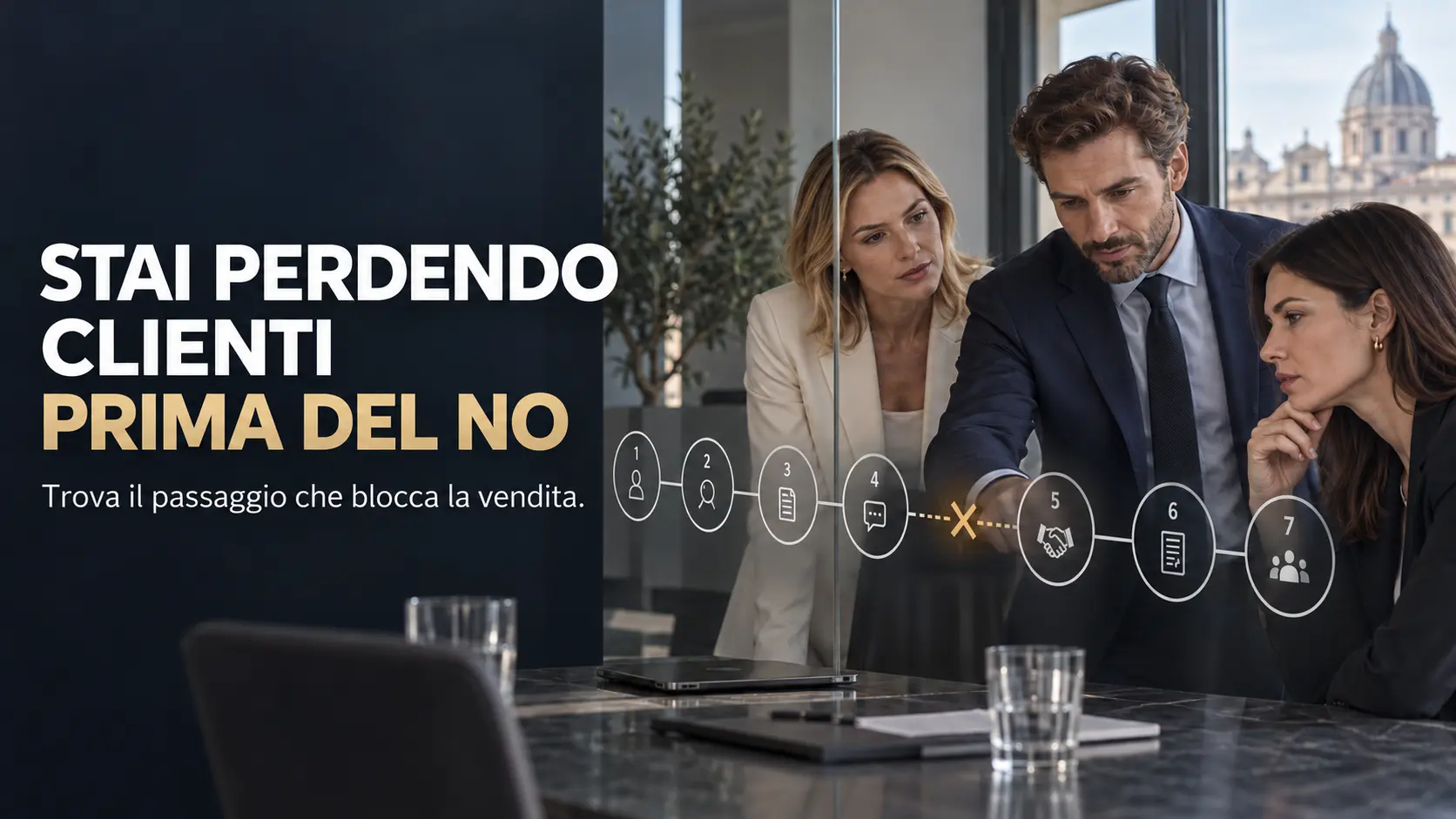 Tre professionisti caucasici analizzano sette fasi commerciali con un punto di rottura e la frase Stai perdendo clienti prima del no
