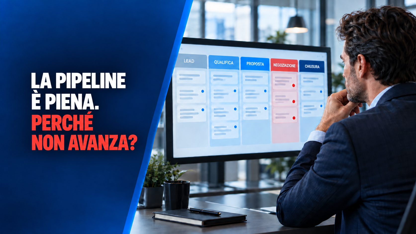Responsabile commerciale davanti a una pipeline CRM bloccata, con la headline La pipeline è piena. Perché non avanza?