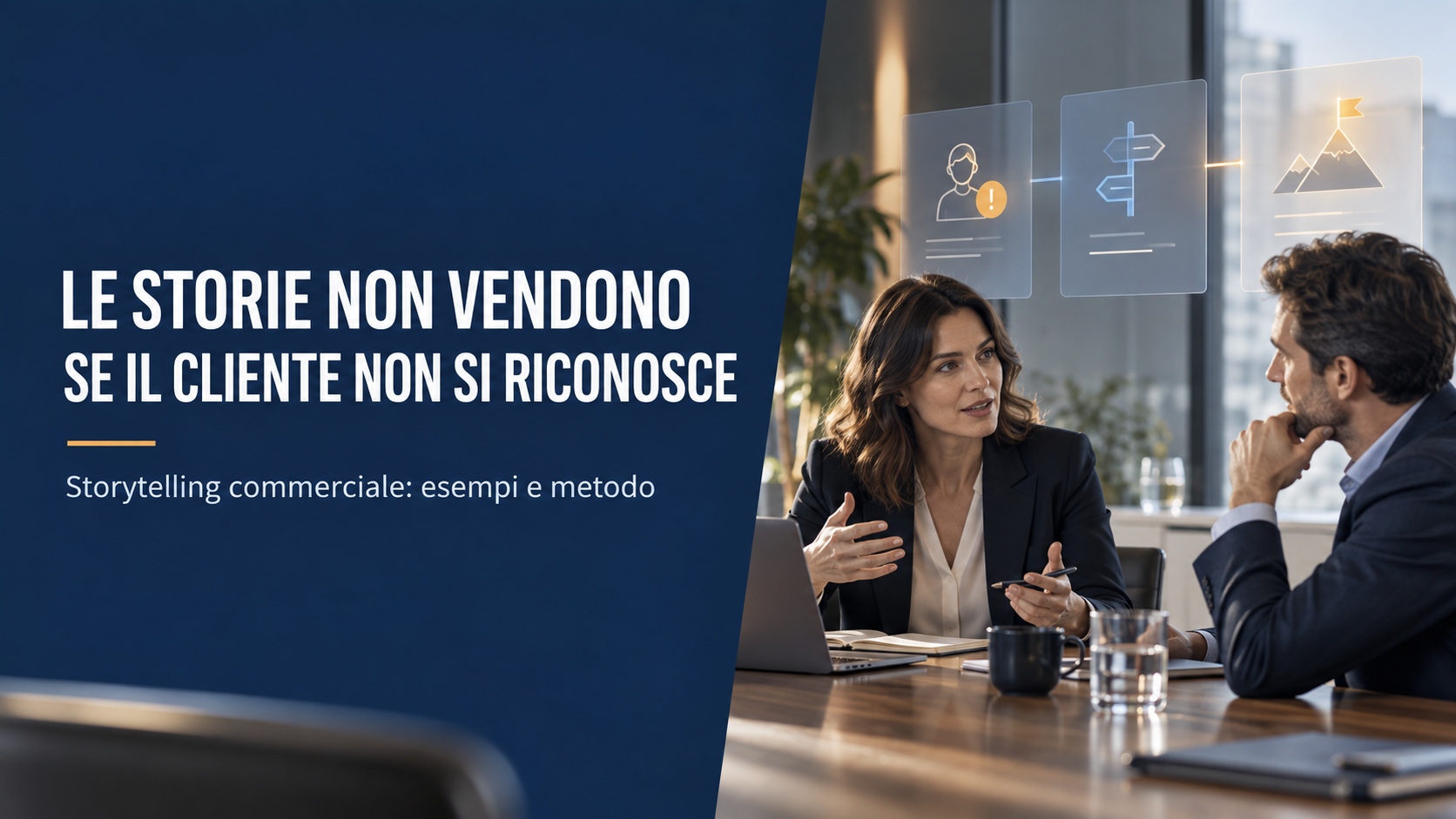 Venditrice e cliente in un incontro con la frase Le storie non vendono se il cliente non si riconosce
