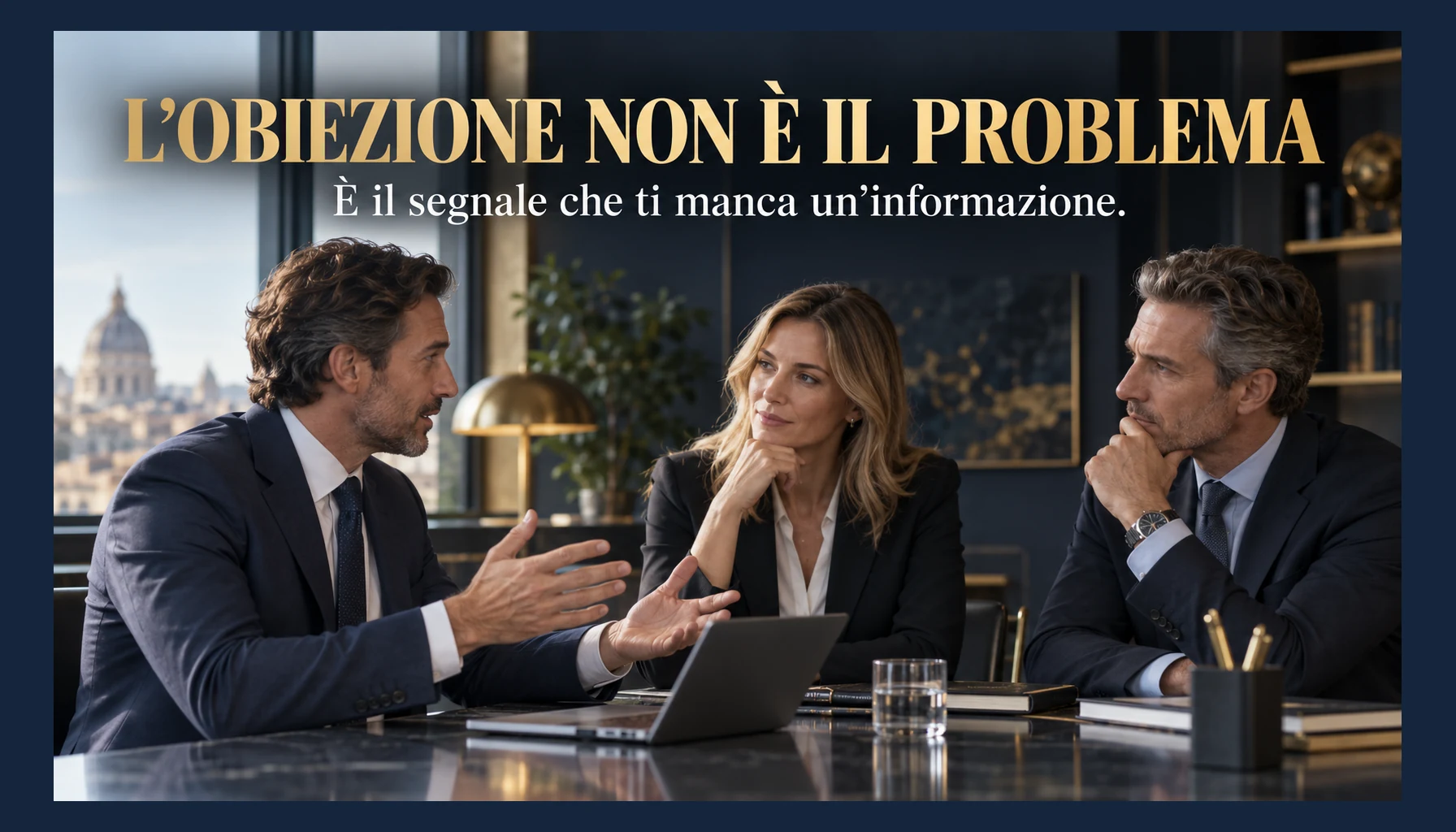 Tre professionisti affrontano con calma un’obiezione commerciale