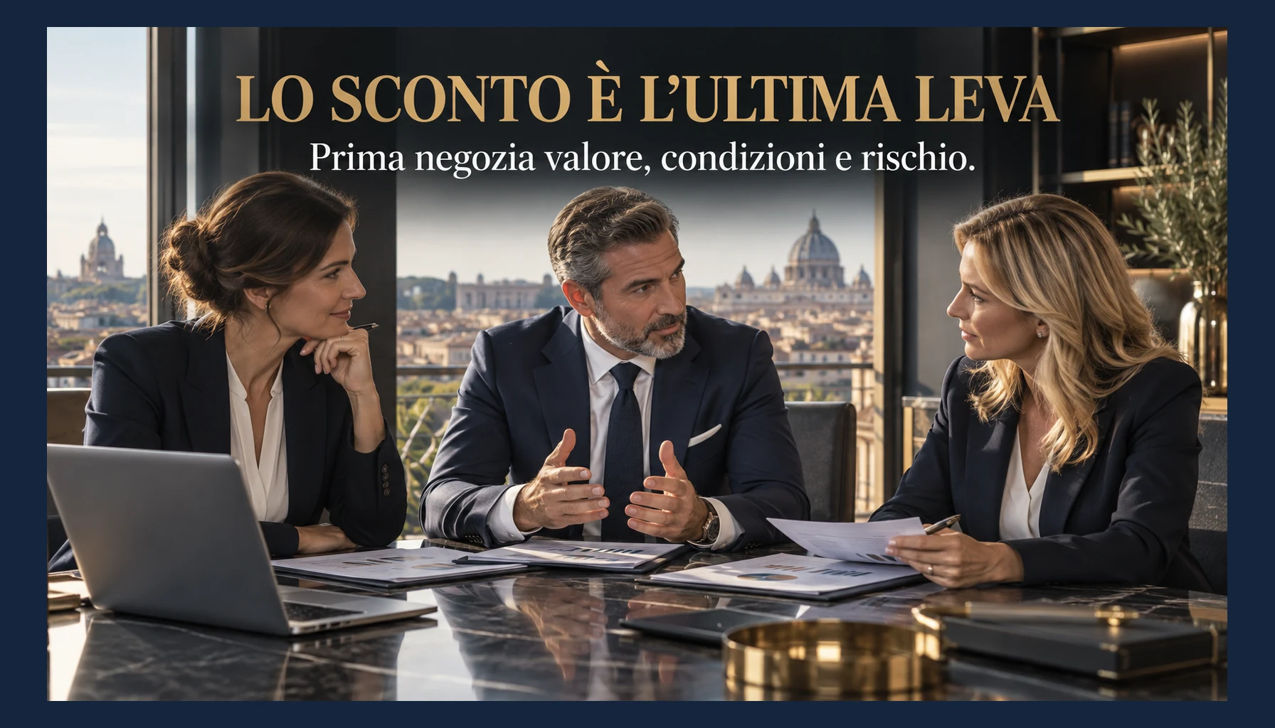 Tre professionisti conducono una negoziazione commerciale