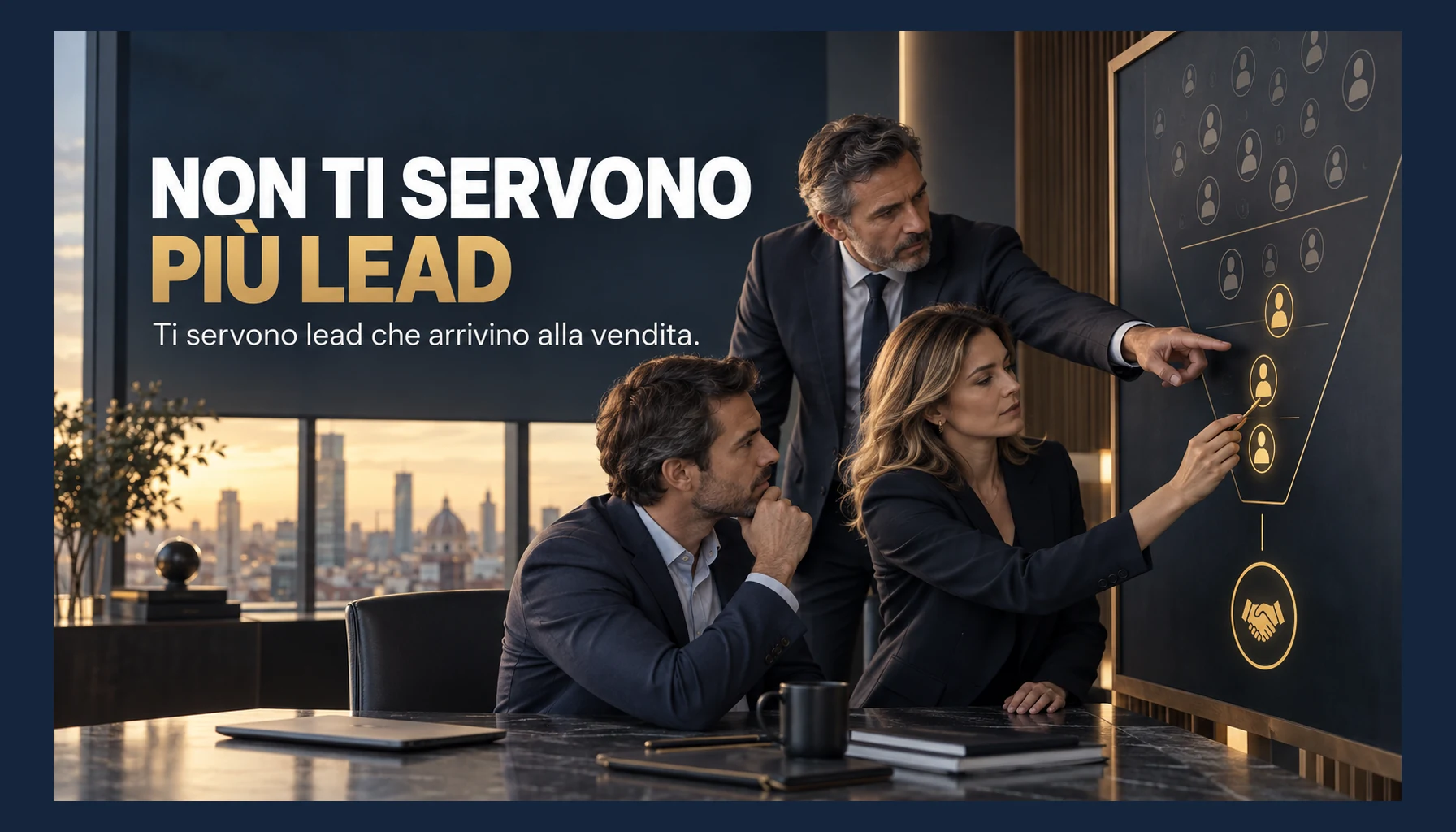 Tre professionisti selezionano opportunità in un sistema di lead generation B2B