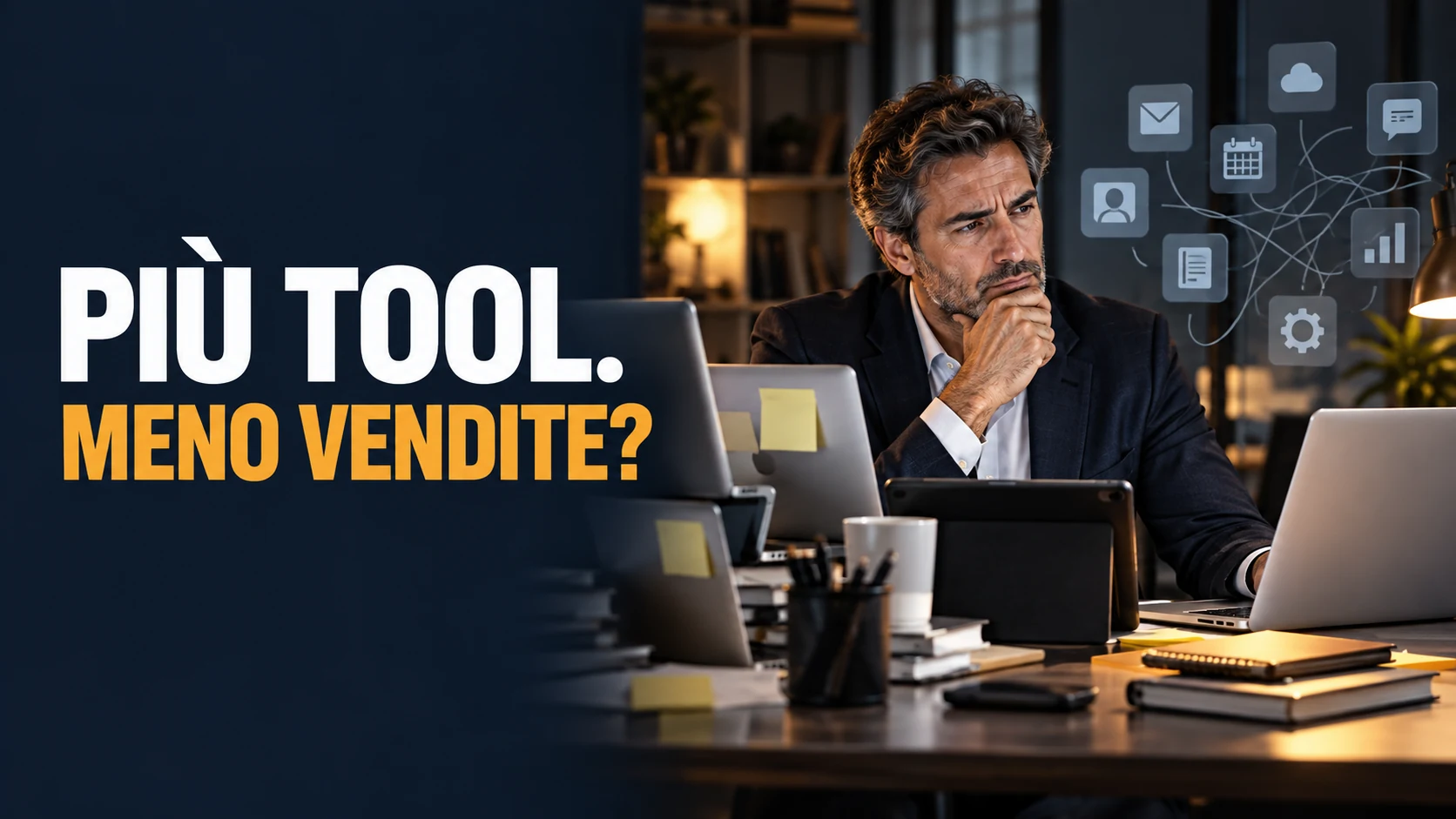 Venditore davanti a uno stack di strumenti commerciali con CRM dati e automazione