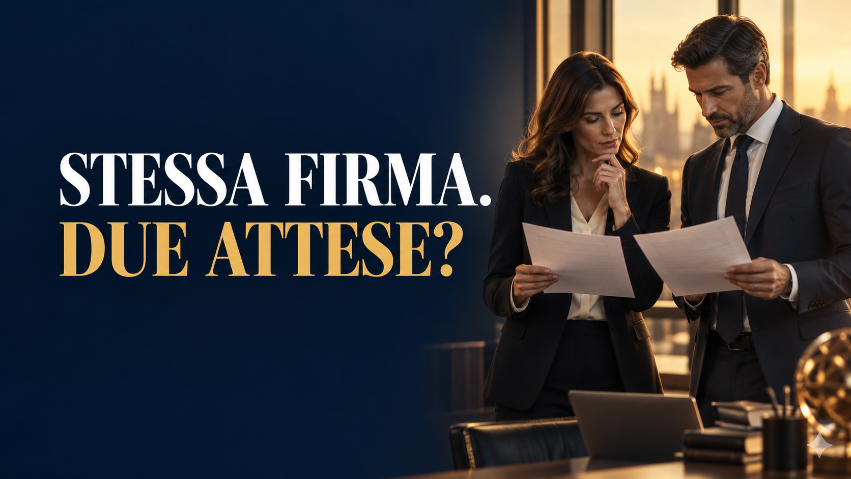 Aspettative cliente: «STESSA FIRMA. DUE ATTESE?». Illustrazione editoriale con professionisti anonimi.