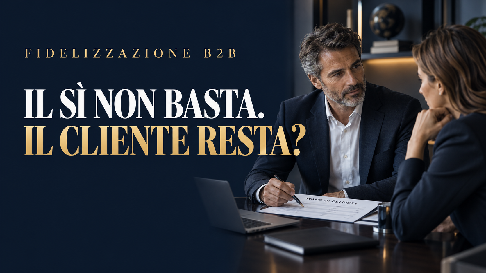 Cover sulla fidelizzazione B2B: headline «Il sì non basta. Il cliente resta?» accanto a un incontro commerciale