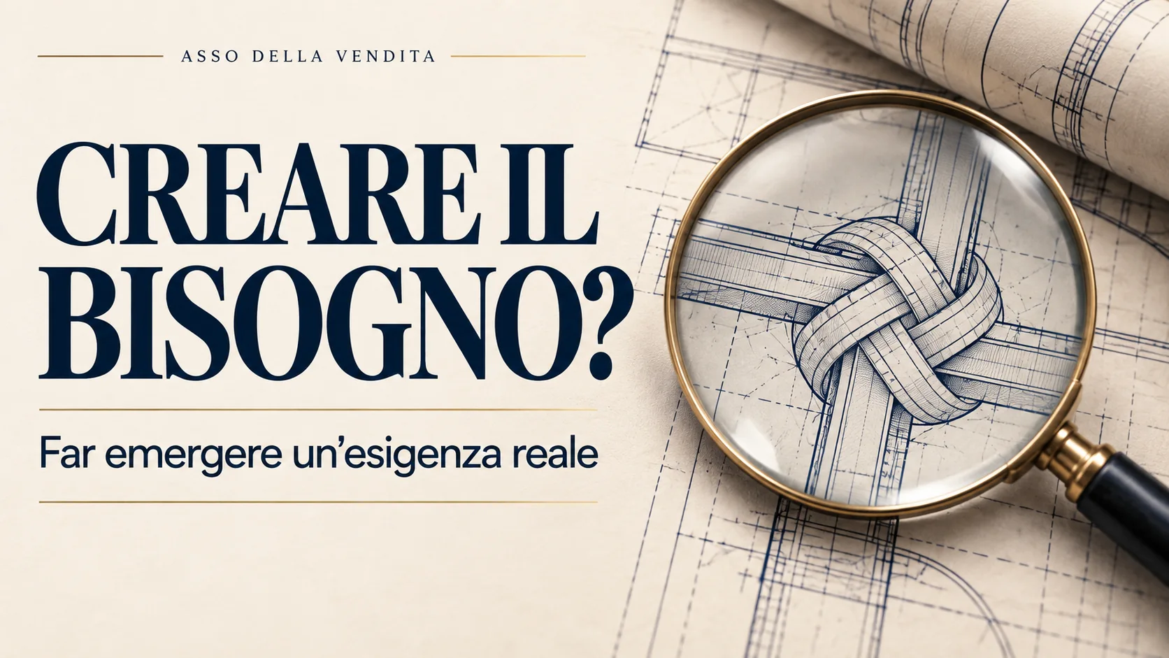 Lente su un nodo disegnato, con titolo Creare il bisogno? Far emergere un’esigenza reale