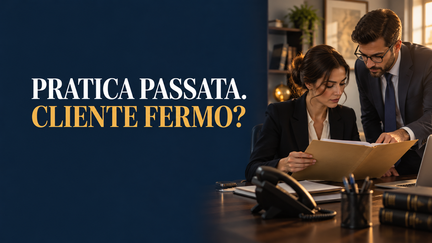 Customer service: «PRATICA PASSATA. CLIENTE FERMO?». Illustrazione editoriale con professionisti anonimi.