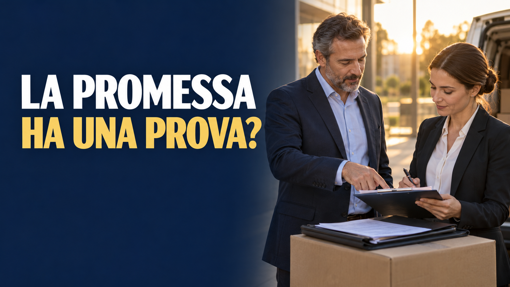 Fiducia del cliente: «LA PROMESSA HA UNA PROVA?». Illustrazione editoriale con professionisti anonimi.