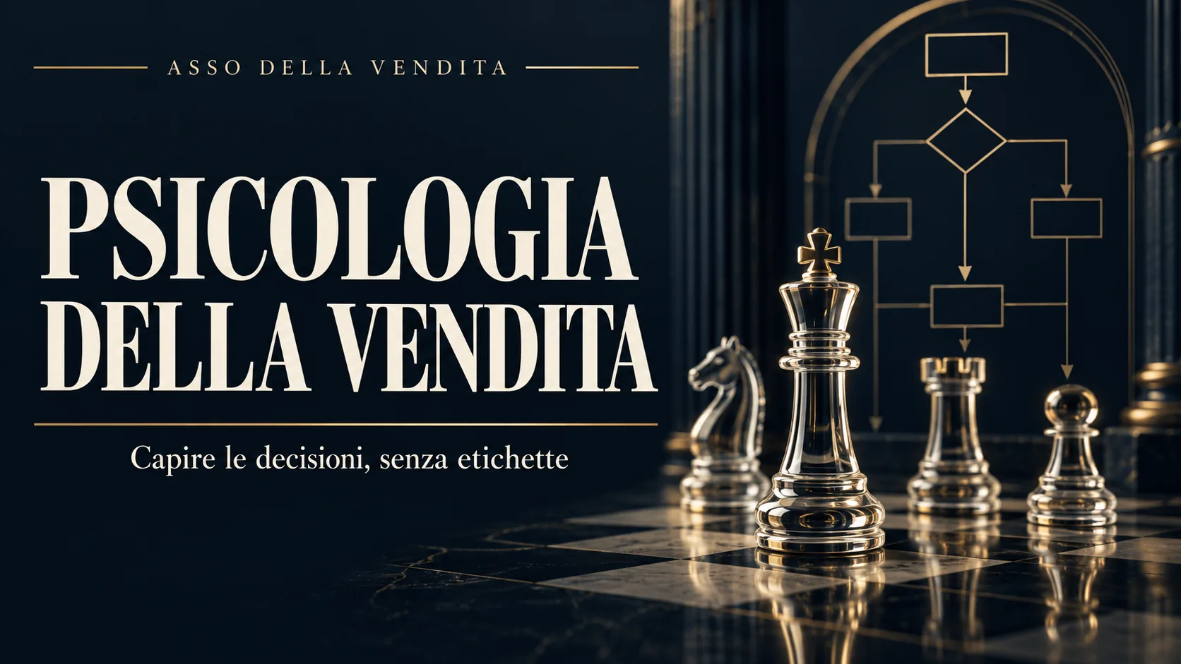 Cover Psicologia della vendita: capire le decisioni, senza etichette, con elementi di vetro e mappa decisionale