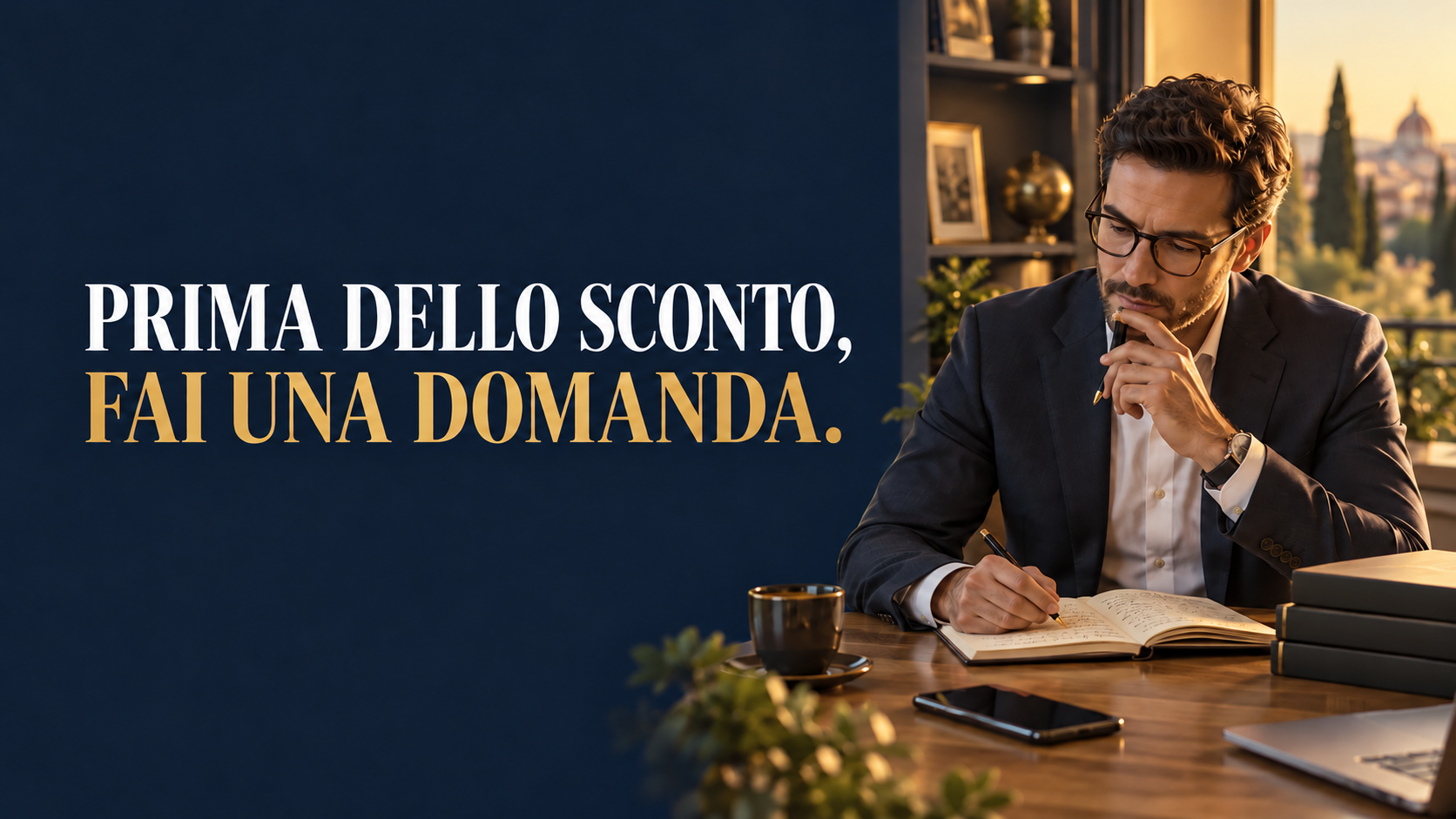 Recupero clienti: «PRIMA DELLO SCONTO, FAI UNA DOMANDA.». Illustrazione editoriale con professionisti anonimi.