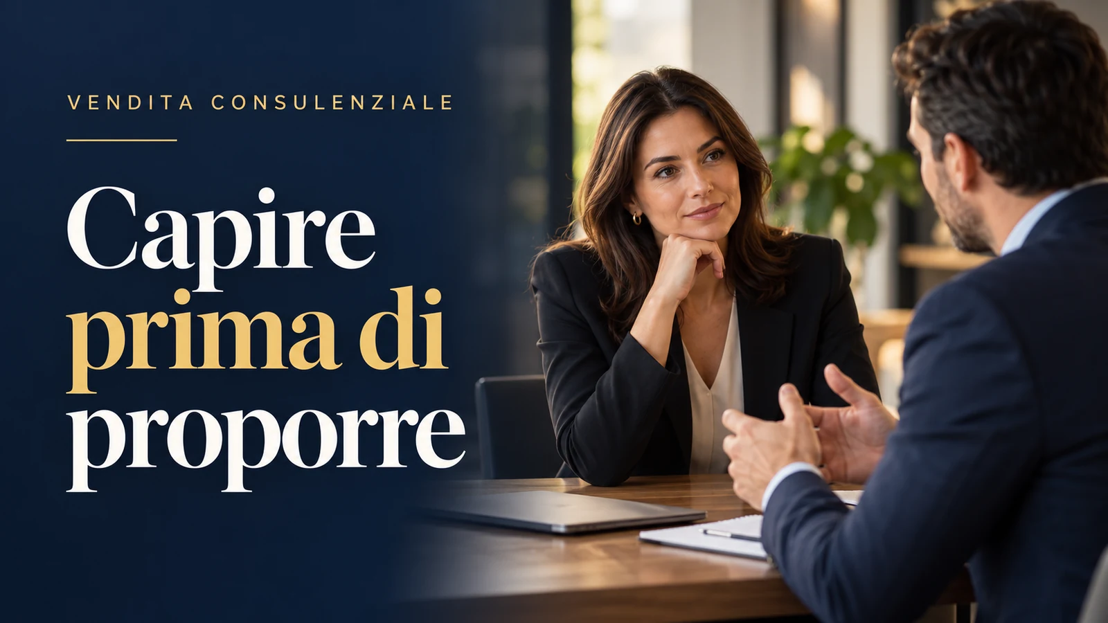 vendita consulenziale: due professionisti in una conversazione di ascolto; headline Capire prima di proporre.