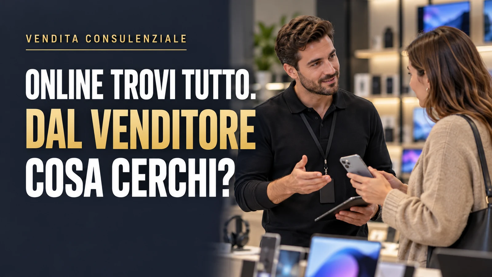 Vendita consulenziale in negozio: un addetto ascolta una cliente con smartphone; headline Dal venditore cosa cerchi?